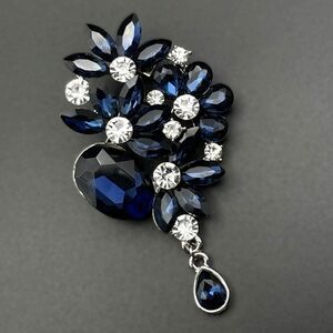 Silver with Sapphire and White Diamond Crystal Flower Dangling Pin Back Brooch
